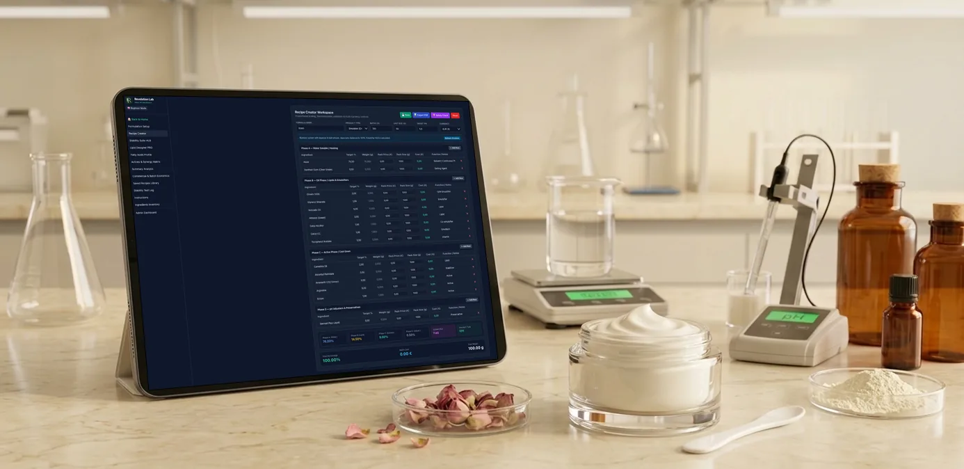 Revelation Lab on tablet: emulsion formulation alongside cream jar and laboratory glassware